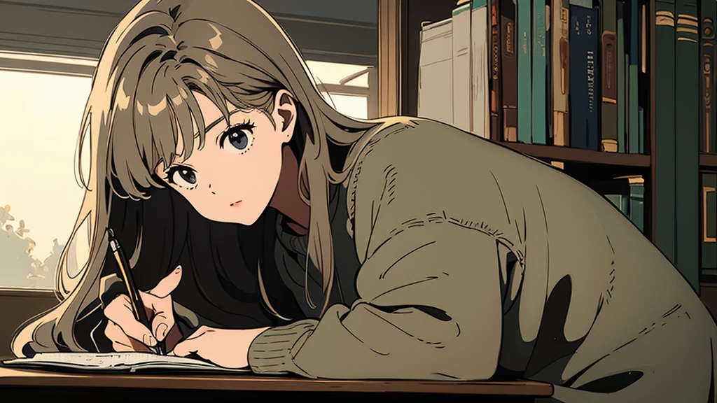 masterpiece, Highest quality, A girl sketching in a notebook at a quiet library, her hair in an ash balayage, surrounded by soft, warm lighting, solo, solo focus.