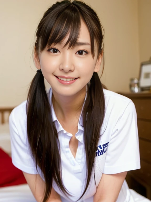 (Masterpiece, Best quality:1.4), (Ultra realistic, Photo-realistic:1.2), Full body, (kneeling:1.2), Looking at viewer, Natural light, 25 years old actress, Japanese women, (arms behind back: 1.2), Neat and clean, (White sexy tennis uniform, White short-sleeve polo shirt with darknavy line collar:1.2), (unbutton:1.3), (White tennis skirt:1.2), (Short wavy ponytail:1.2), Short wavy hair, Light brown hair color, (Beautiful Face), Oval face, clear, (Beautiful eyes, Kind eyes), (Clear skin), Small face, (Small mouth, Beautiful mouth), Natural makeup, Approachable, Luxury hotel Suite room, On bed, (nsfw:1.1), Seductive smile, (Seductive pose:1.2), (Beautiful thighs:1.1), Bedroom eyes,