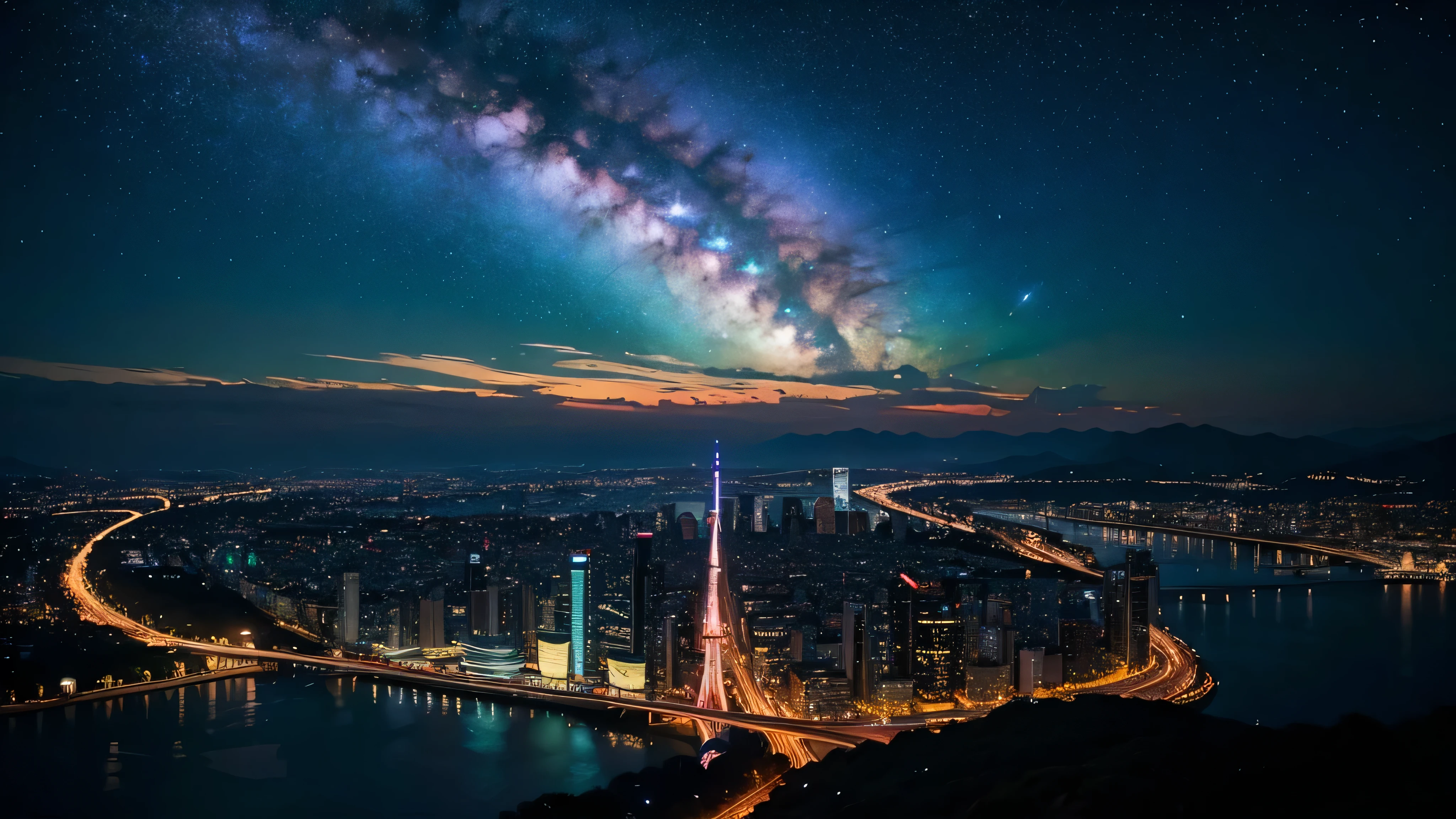 Wonderful landscape、Highest quality、Cityscape、Including sky、Starry Sky、night、Big Moon、Moonlit cityscape、building、There are no people, Makoto Shinkai's Worldview, 8K quality, Neon glows, Breathtakingly beautiful scenery,