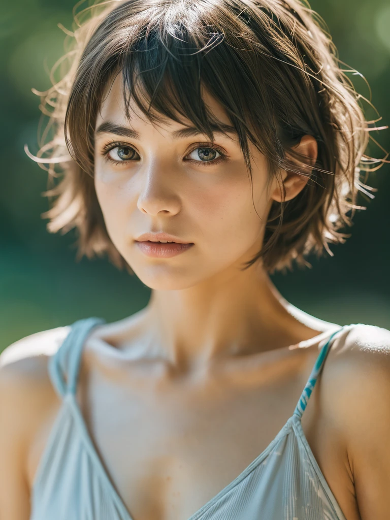raw photo, Photography, photorealistic, Vibrant 8k photography of a woman in nature., ultra detail, finely detailed, dramatic light, finely detailed beautiful eyes, detailed skin, depth of field, grey eyes,short hair, Whole body,swimwear