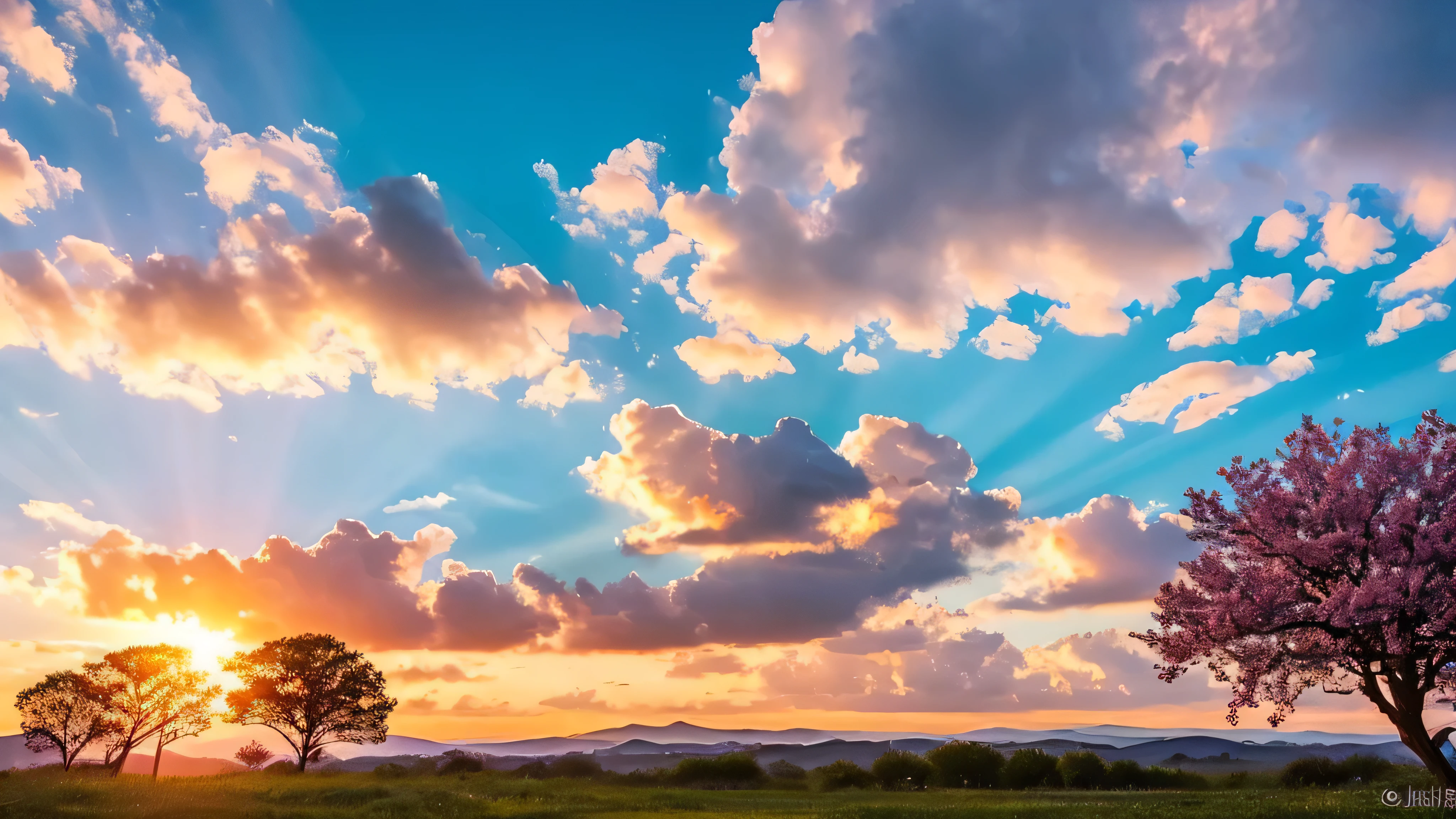 Under the expanse of blue sky, Vibrant flowers reach out towards the sun, Pink and white petals open. When the golden sun begins to rise、Fluffy clouds float leisurely in the background, Casting a warm glow on the tranquil landscape. This great photo is、It captures the essence of a serene morning., Where nature awakens in a symphony of color and light. Crisp and vivid details, Inviting viewers to immerse themselves in the beauty of the beginning of a new day.