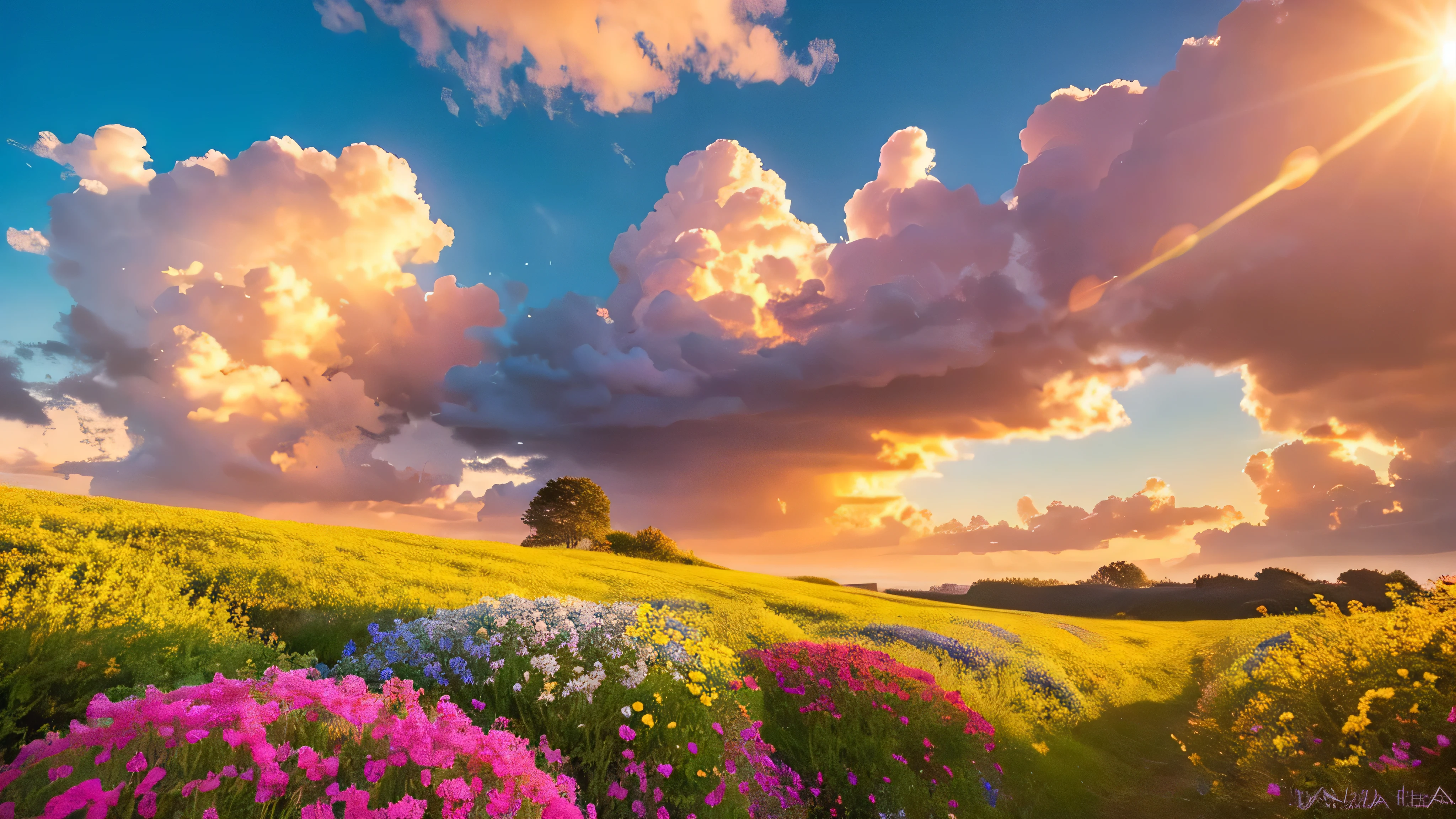 Under the expanse of blue sky, Vibrant flowers reach out towards the sun, Pink and white petals open. When the golden sun begins to rise、Fluffy clouds float leisurely in the background, Casting a warm glow on the tranquil landscape. This great photo is、It captures the essence of a serene morning., Where nature awakens in a symphony of color and light. Crisp and vivid details, Inviting viewers to immerse themselves in the beauty of the beginning of a new day.
