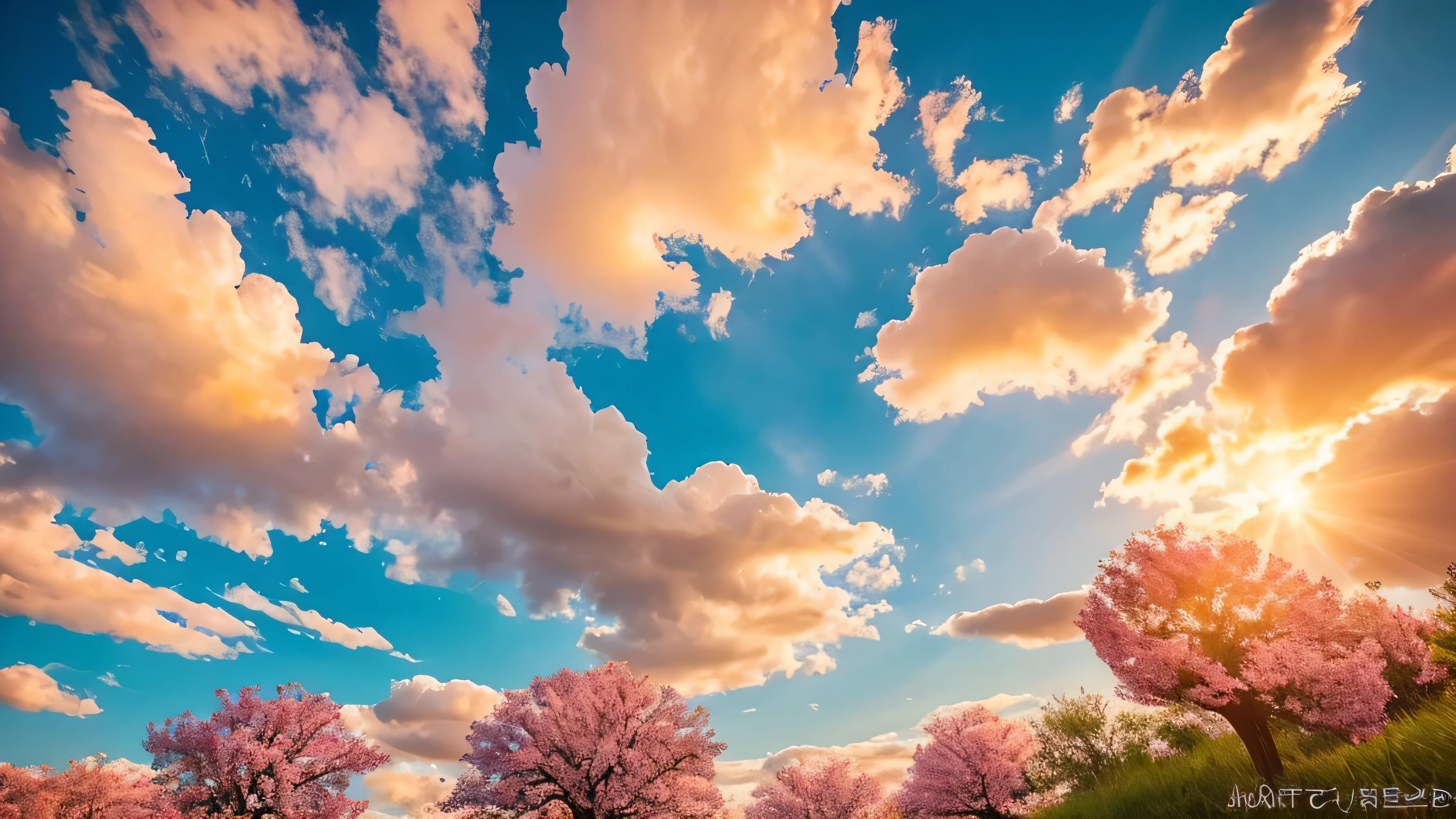 Under the expanse of blue sky, Vibrant flowers reach out towards the sun, Pink and white petals open. When the golden sun begins to rise、Fluffy clouds float leisurely in the background, Casting a warm glow on the tranquil landscape. This great photo is、It captures the essence of a serene morning., Where nature awakens in a symphony of color and light. Crisp and vivid details, Inviting viewers to immerse themselves in the beauty of the beginning of a new day.