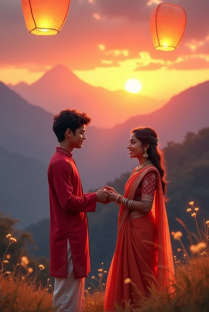 ((best quality)), ((masterpiece)), (detailed), a Indian teenage boy wearing a red dress proposing to a girl wearing saree at the end of the mountain with a background of beautiful sunset and lanthers