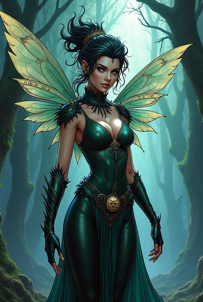 Draw a comic book supervillain with fairy vibes, good and witch