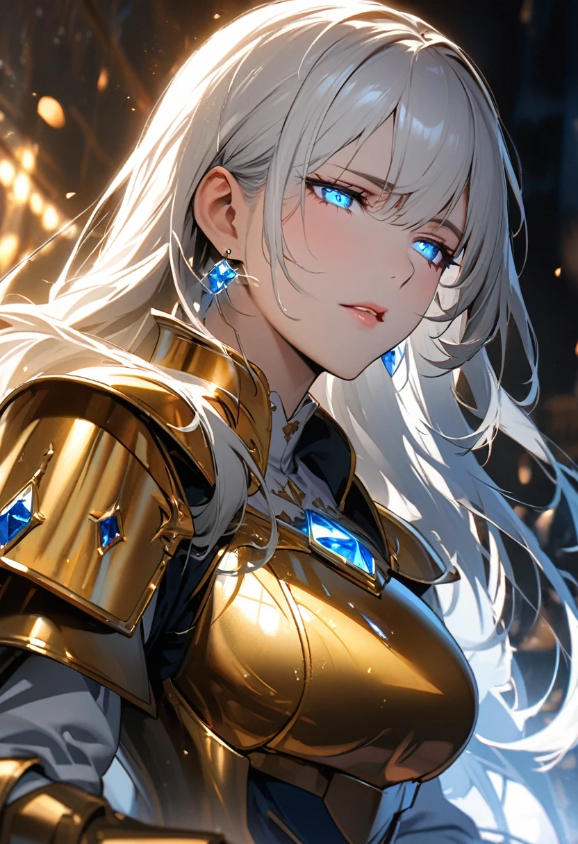 girl, blue eyes, long hair, white hair, mature, diamond earings, beautiful, holo, light aura, glowing eyes, golden armor, macro picture, half eyes