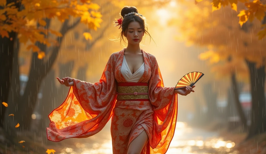 beautiful japanese woman with big breasts in revealing kimono, autumn, autumn yellow leaves falling, strong wind, raindrops, fan in hands, slowly walking, beautiful shoes