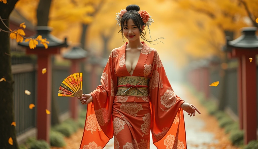 beautiful japanese woman with big breasts in revealing kimono, autumn, autumn yellow leaves falling, strong wind, raindrops, fan in hands, slowly walking, beautiful shoes