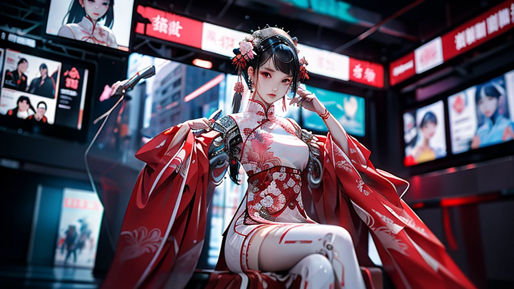 1 girl, Chinese_clothing, sit, White and pink,Network Hanfu, cheongsam, Cyberpunk city, Dynamic poses, Headdress, Hair accessories, Long hair, Cyberpunk, a high-tech city, Full of mechanical and futuristic elements, Futurism, technology
