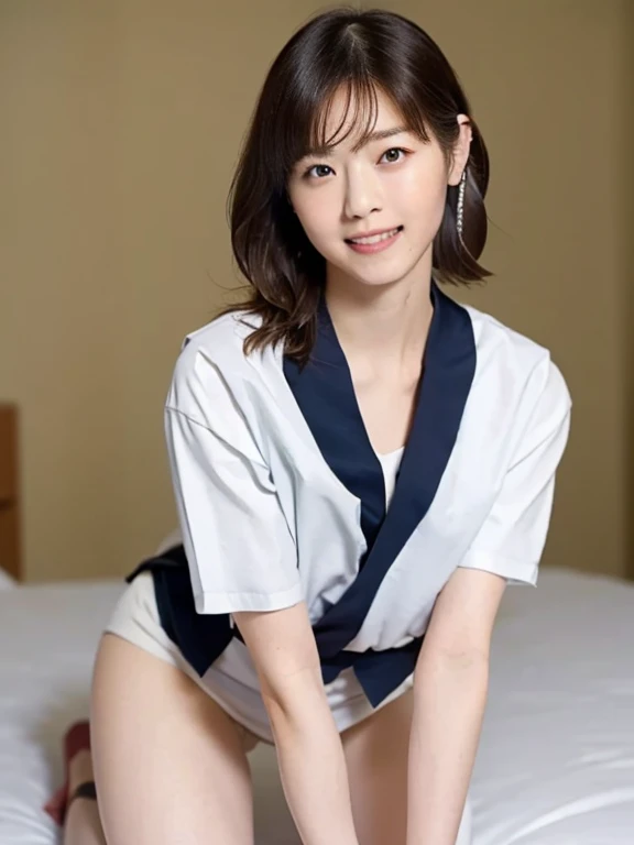 (Masterpiece, Best quality: 1.4), (Ultra realistic, Photo-realistic: 1.2), Full body, (kneeling: 1.2), Natural light, 25 years old actress, Japanese women, (arms behind back: 1.2), Neat and clean, (representative sailor suit:1.3), School type suit, (White short sleeve shirt with collar:1.2), (unbutton:1.3), (Darknavy skirt:1.2), (Red necktie), Short ponytail, Short wavy hair, Light brown hair color, (Beautiful Face), Oval face, clear, (Beautiful eyes, Kind eyes), (Clear skin), Small face, (Small mouth, Beautiful mouth), Natural makeup, Approachable, Luxury hotel Suite room, On bed, (nsfw:1.1), Seductive smile, (Seductive pose:1.2), (Beautiful thighs:1.1), Bedroom eyes,