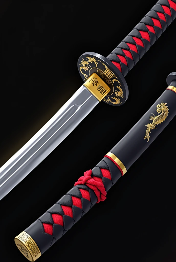 Katana Description (Anime Style):
The katana is 105 cm (41 inches) long from the tip of the blade to the end of the handle.
Handle (wash): The handle is 30 cm (12 inches) long, wrapped in black leather with red diamond-shaped patterns. A red tassel is attached to a small golden cap with intricate engravings at the end of the handle. The collar (fuchi) and pommel (death) feature gold accents with intricate designs, adding elegance and power. The ergonomic design provides a comfortable grip.
guard (smoke): The circular guard is made of blackened steel with a golden dragon coiled around the edge. The dragon's scales and claws are finely detailed, giving it a lifelike appearance. The tsuba is sturdy and perfectly balances the blade, with a slightly thicker section near the blade for enhanced protection.
Blade (Ha): The blade is 75 cm (29.5 inches) long, sleek, and slightly curved, typical of a traditional katana. The polished steel has a mirror finish with a prominent, faintly glowing hamon (temper line), showcasing superior craftsmanship. Near the base, just above the tsuba, the kanji "Reiko's Battle" (Spirit Blade), meaning "Blade of the Soul," is subtly engraved. The blade tapers to a razor-sharp point.
dial: Just above the tsuba, embedded in the blade, is a small circular dial with 12 inscribed numbers. The dial is set on 11, highlighted with a skull symbol, giving the katana a mystical aura.
Scabbard (me): The black lacquered scabbard has red accents and golden dragon designs running along its length, matching the dragon on the tsuba. The mouth of the saya (koiguchi) is reinforced with gold plating to ensure smooth drawing of the blade without damaging its edge.
Art Style: The katana should be depicted in a detailed anime style, capturing the elegance and mysticism of the weapon with vibrant colors and sharp lines.