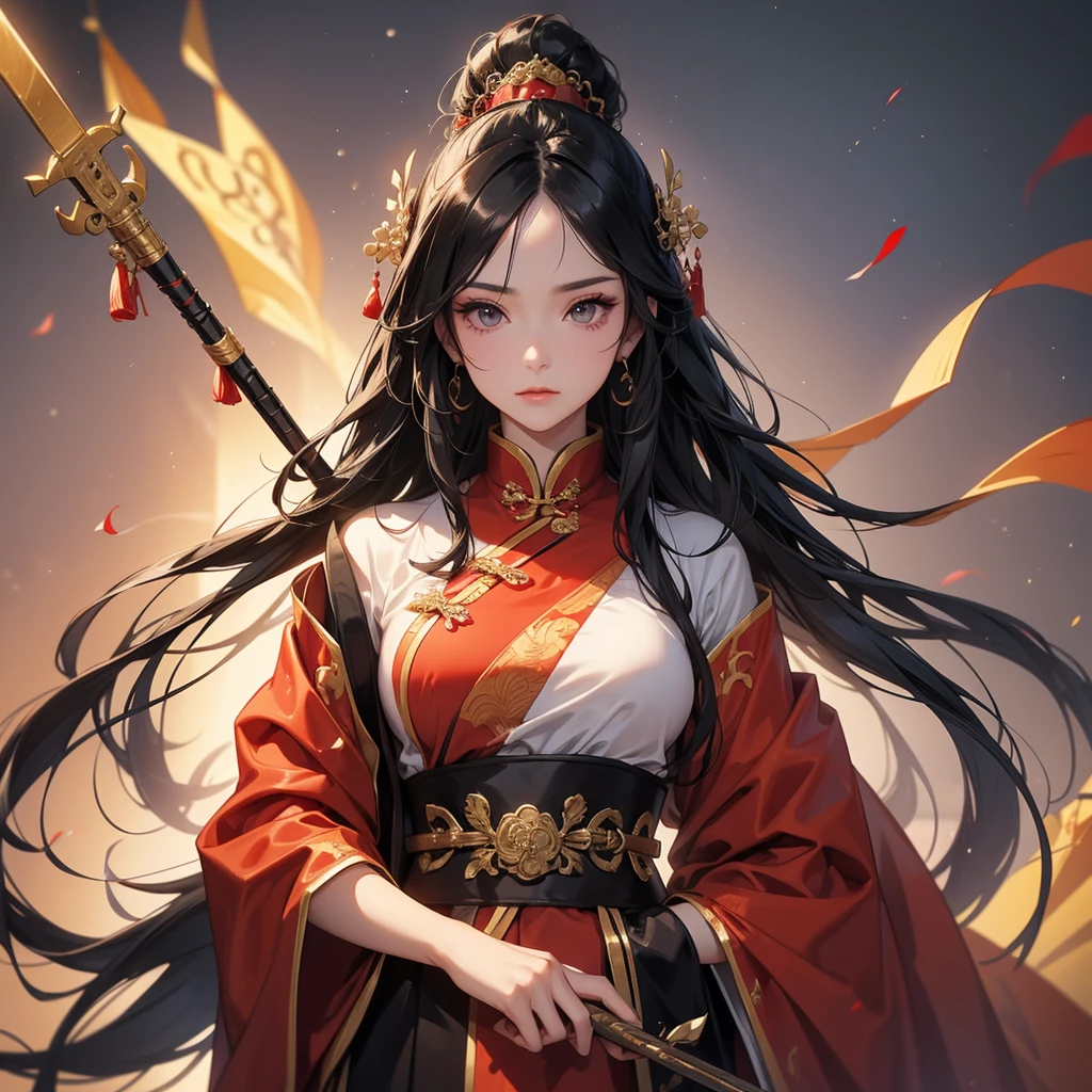 A beautiful woman with long black hair, wearing a hairpin, wearing an ancient Chinese general's outfit, holding a long spear, on the battlefield, close up.