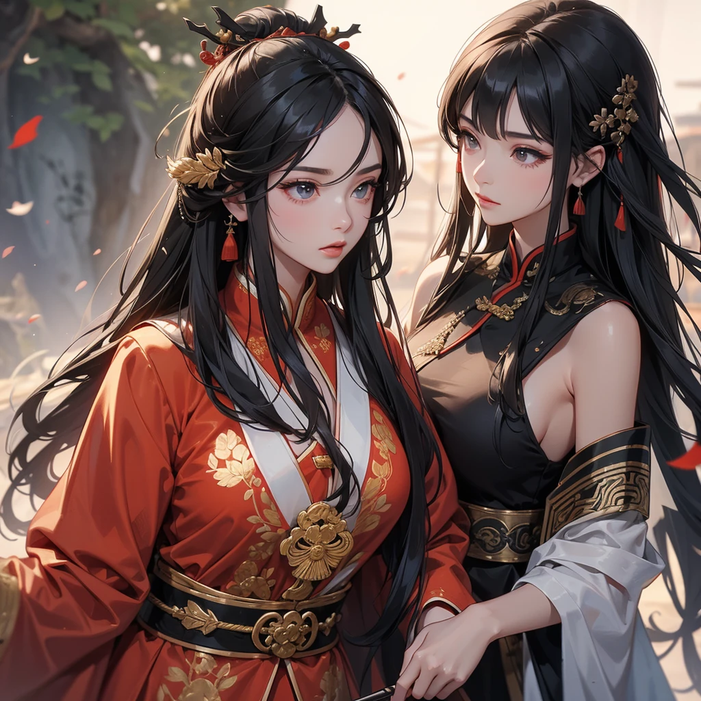 A beautiful woman with long black hair, wearing a hairpin, wearing an ancient Chinese general's outfit, holding a long spear, on the battlefield, close up.