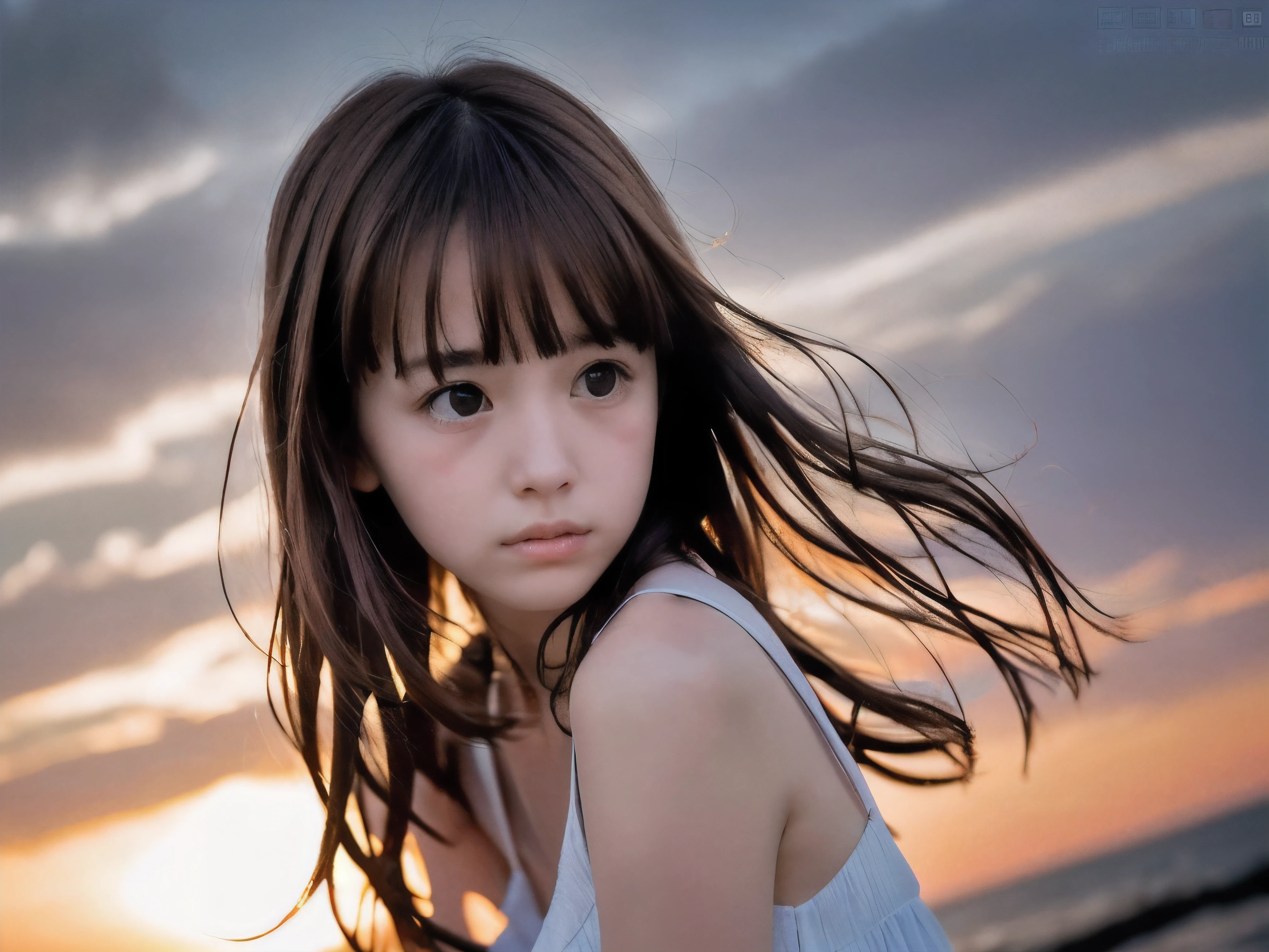 (Close up face shot of slender small-breasted red brown wavy long hair with dull bangs girl wearing a white summer dress:1.5)、(One girl is looking back and crying face with tears on the coast in Japan:1.5)、(Beautiful after sunset red sky with big red cloud:1.5)、(blurred background:1.5)、(Natural light:1.5)、(8k ultra detailed master piece:1.5)、(perfect anatomy:1.5)、(Photorealistic stick:1.5)、(Raw photo:1.3)、(highest quality:1.5)、(High resolution:1.3)、(Delicate and beautiful perfect face:1.3)、(Delicate and beautiful eye air skin:1.3)、(Real Human Skin:1.3)、((thin legs))