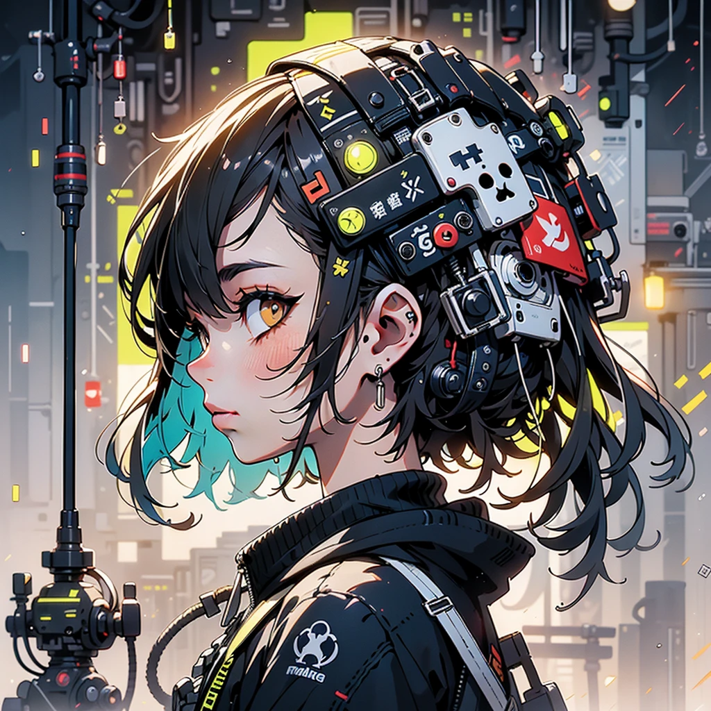 One girl, (silhouette:1.3), Blackwork, Ambient Lighting, (Blurred Background, Blurred foreground, Depth of written boundary:1.3), Traditional texture, Dripping、techpunkmask、profile、Dynamic composition、Mechanical pattern background、Perfect Anatomy、