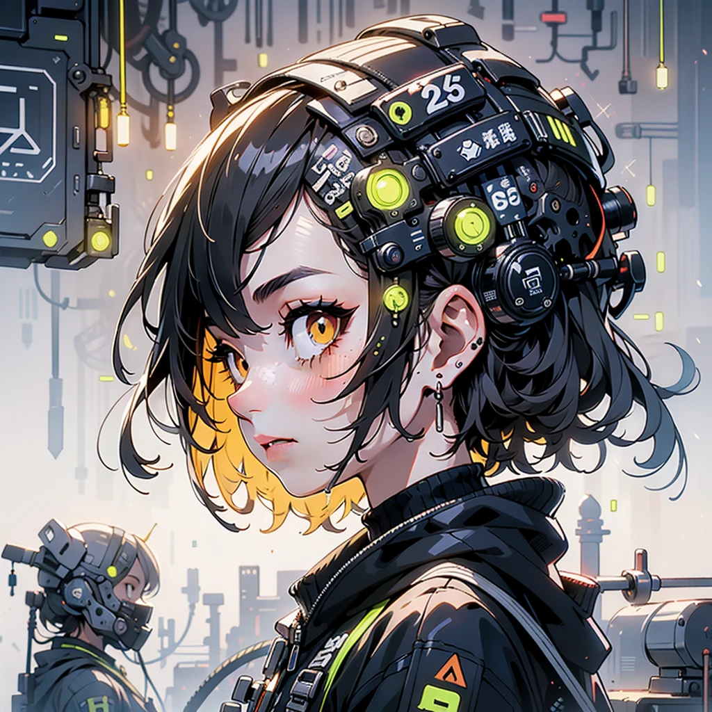 One girl, (silhouette:1.3), Blackwork, Ambient Lighting, (Blurred Background, Blurred foreground, Depth of written boundary:1.3), Traditional texture, Dripping、techpunkmask、profile、Dynamic composition、Mechanical pattern background、Perfect Anatomy、