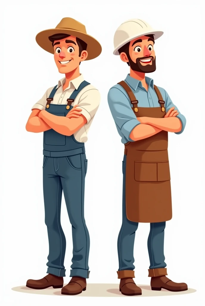 2 people smiling with arms crossed, a farmer with a straw hat and an industrial engineer with a white helmet and apron. Both in profile and from behind. both men. Full body image with legs and feet. cartoon. bottomless