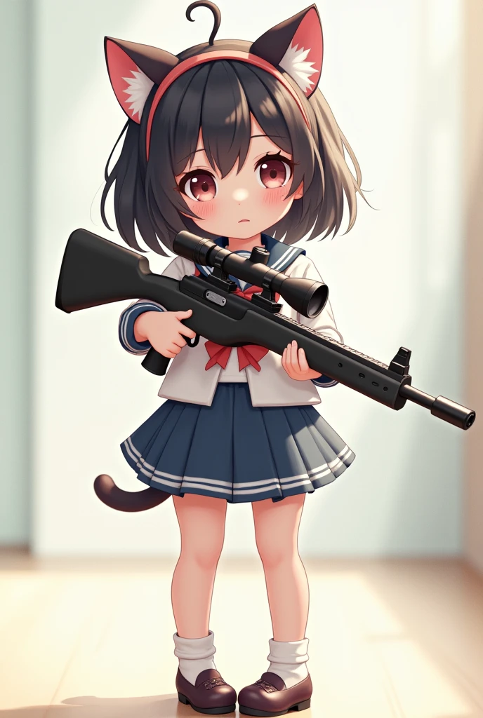 Sailor suit　sniper rifle　Cat ear　Girl　Lolita　cute　background is light color　whole body　Big eyes　cute　Real　doll