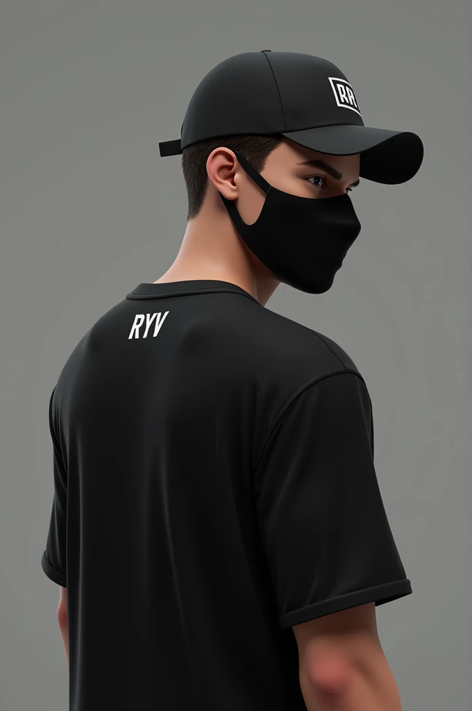 3D cowok cool memakai topi warna hitam, black mask, and a black shirt with RYV written on the back