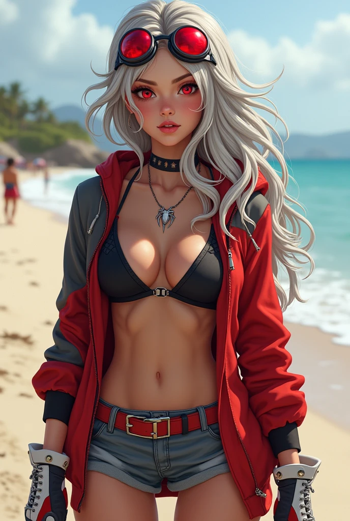 creates a beautiful tanned girl with long fine hair styled with tousled silver beach waves with red at the tips, she also has bright red eyes, she also wears a long red and gray hoodie with a spider web, He also wears loose gray shorts and a red belt, he also wears white and red sports shoes, he also wears gray and red combat gloves, he also wears red aviator glasses on his head and a necklace with a silver crow pendant