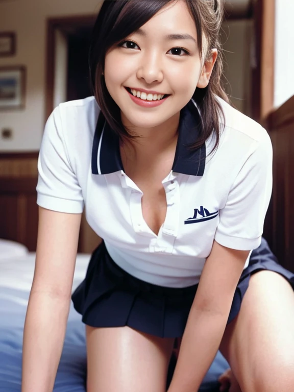 (Masterpiece, Best quality:1.4), (Ultra realistic, Photo-realistic:1.2), Full body, (kneeling:1.2), Looking at viewer, Natural light, 25 years old actress, Japanese women, (arms behind back: 1.2), Neat and clean, (White sexy tennis uniform, White short-sleeve polo shirt with darknavy line collar:1.2), (unbutton:1.3), (White tennis skirt:1.2), (Short wavy ponytail:1.2), Short wavy hair, Light brown hair color, (Beautiful Face), Oval face, clear, (Beautiful eyes, Kind eyes), (Clear skin), Small face, (Small mouth, Beautiful mouth), Natural makeup, Approachable, Luxury hotel Suite room, On bed, (nsfw:1.1), Seductive smile, (Seductive pose:1.2), (Beautiful thighs:1.1), Bedroom eyes,