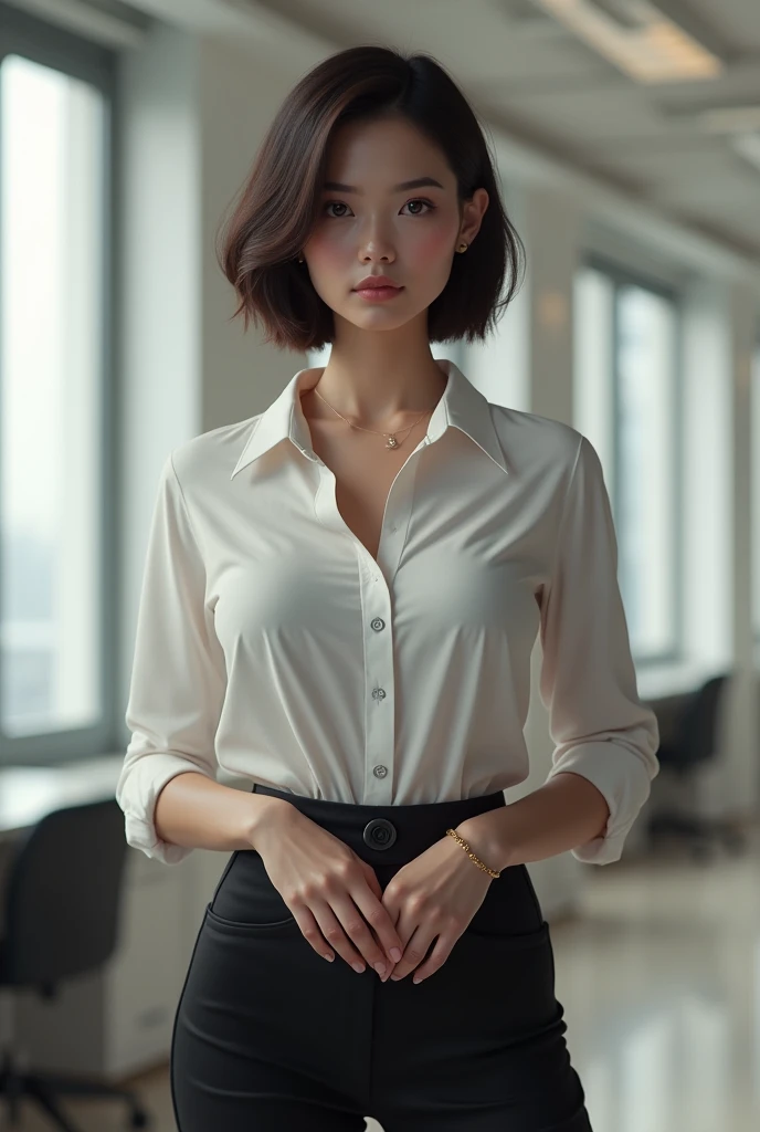 masterpiece, exceLente, (Office: 1.8), Dibujo CG con muy aLto detaLLe., standing, 1 hermana reaL, L, una mujer con eL peLo corto, huge breasts, manos cruzadas en La cintura