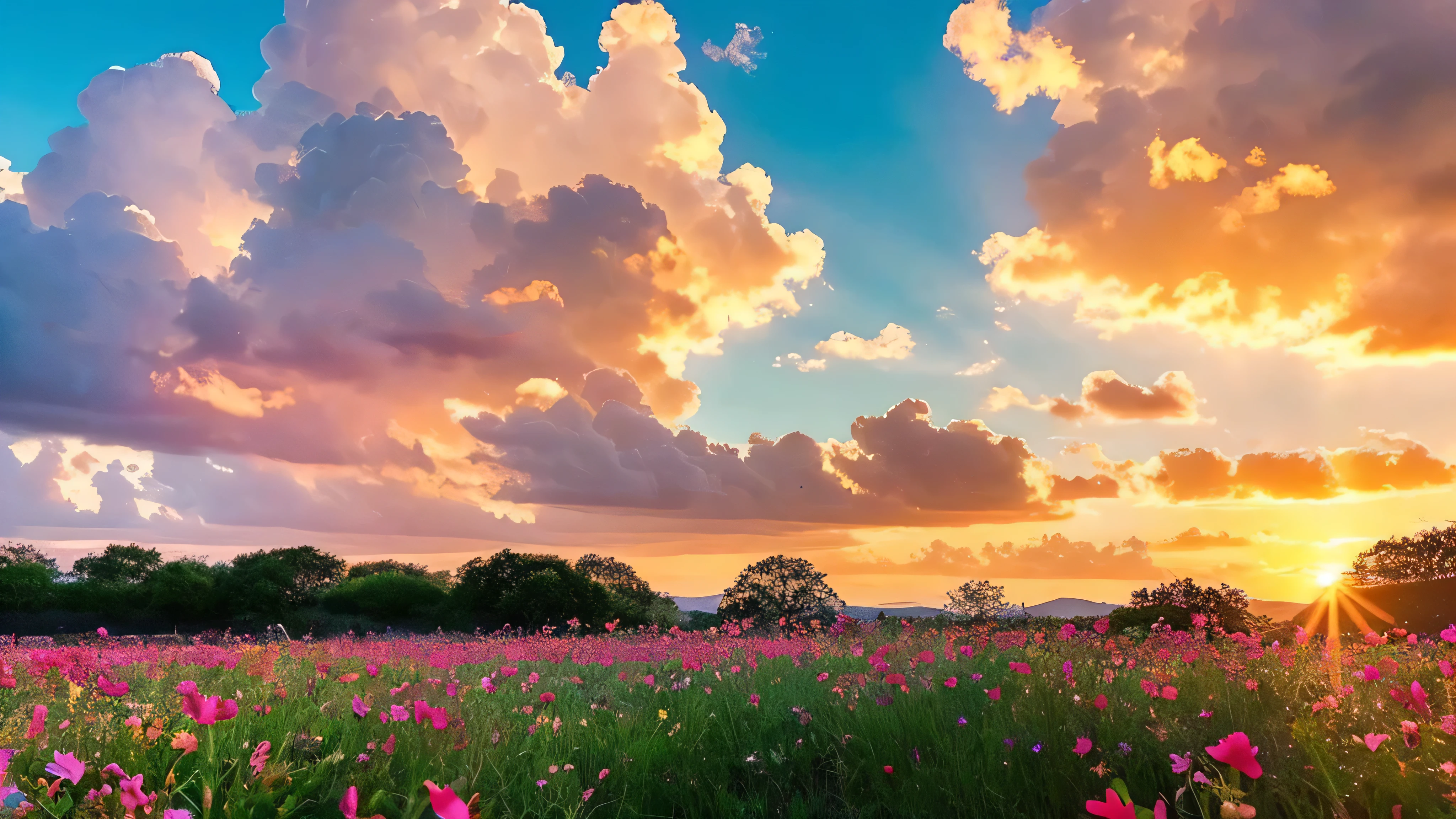 Under the expanse of blue sky, Vibrant flowers reach out towards the sun, Pink and white petals open. When the golden sun begins to rise、Fluffy clouds float leisurely in the background, Casting a warm glow on the tranquil landscape. This great photo is、It captures the essence of a serene morning., Where nature awakens in a symphony of color and light. Crisp and vivid details, Inviting viewers to immerse themselves in the beauty of the beginning of a new day.