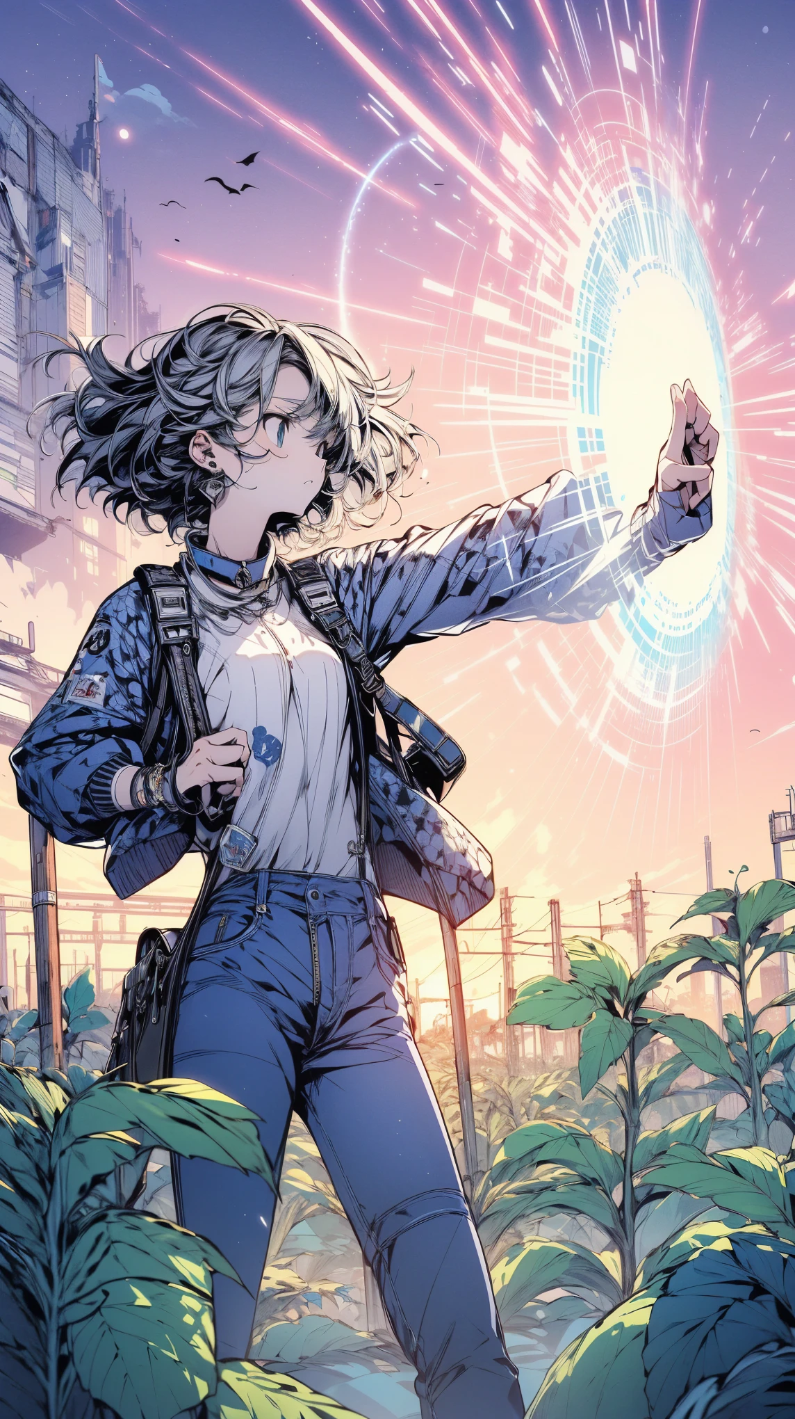 (high quality), (masterpiece), (detailed), 8K, (age girl1.3) raises (shimmering shield1.4) amidst (toxic spores1.3) in a (ruined agricultural field1.2). Shield (absorbs energy bursts1.3) from (mutated crops1.2), her (determined expression1.4) reflecting strength and resolve to (save community1.3). (Ethereal glow1.2) surrounds her, creating a (protective barrier1.3). (high quality), (masterpiece), (detailed), 8K, Anime style character with (cool and edgy tattoos1.3), dressed in (fashionable clothing1.2), posing confidently. Expression fierce, stylish accessory coiled around arm. Thicker outlines emphasize striking, modern fashion, vibrant palette enhances scene.