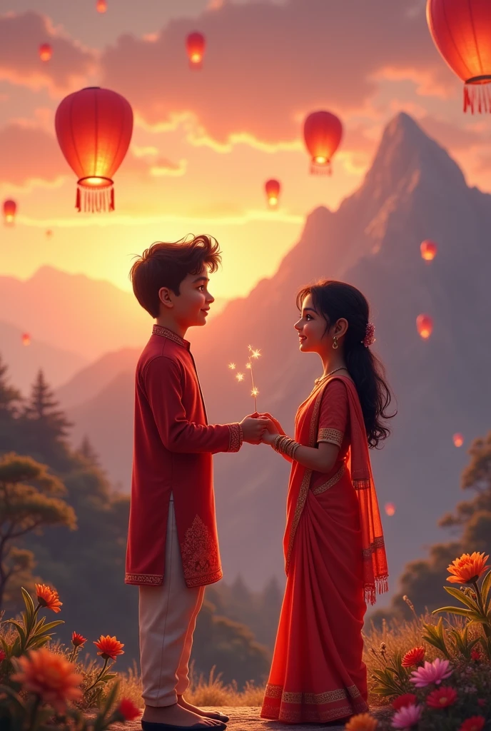 ((best quality)), ((masterpiece)), (detailed), a Indian boy wearing a red dress proposing to a girl wearing saree at the end of the mountain with a background of beautiful sunset and lanthers
