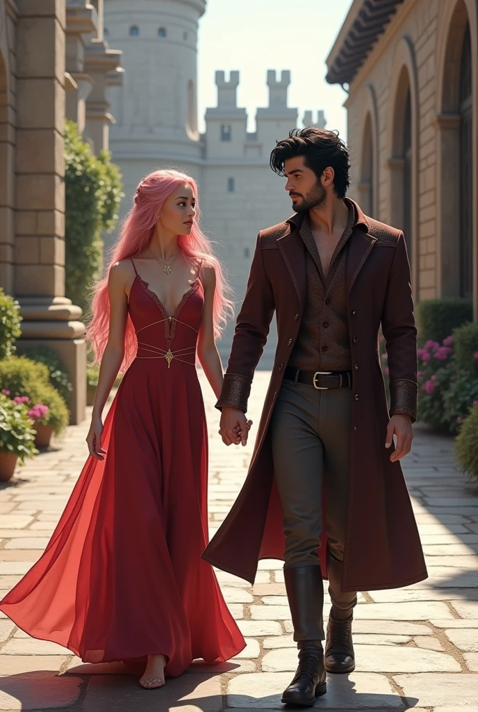 beautiful woman with long pink hair and hazel eyes and handsome man with neck length messy black hair, walking while holding hands, both clad in targaryen clothing. Castle patio background.