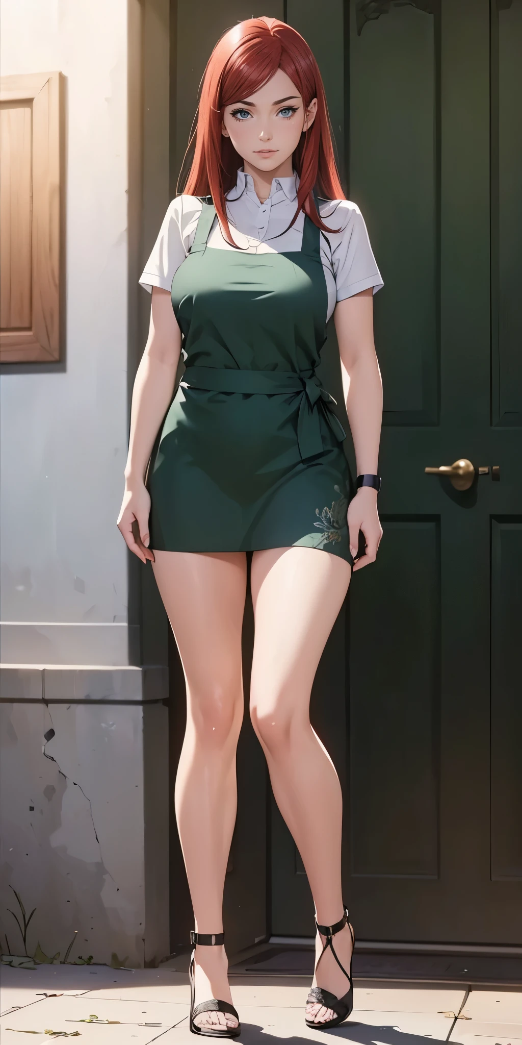 ((1girl, solo)), large breasts, beautiful body, (perfect anatomy, perfect body, perfect hands, perfect legs), nice hands, natural proportions, sexy body, standing, full body BREAK
((extremely detailed face)), purple eyes, (beautiful detailed eyes:1.6), (realistic pupils, realistic iris:1), expressive eyes, looking at viewer, (clear eyes:1.3), (hyperrealistic:1.2), (detailed skin texture:1.2), smooth skin, (red hair:1.5), long hair, (detailed lips:1.2), (attractive lips:1.1), (glossy lips:1.1), perfect face, perfect eyes BREAK
white shirt, collared shirt, short sleeves, green apron, thick thighs, thigh gap, bare legs, black footwear, high heels BREAK
(masterpiece:1.5), anime-style, top quality, best quality, (beautiful and aesthetic:1.2), (ultra detail:1.5), Ultra-detailed depiction, Ultra-precise depiction, extremely detailed 8k illustration, high resolution, (highly detailed shading:1.2), (realistic lighting:1.4), perfect lighting, vibrant colors, dynamic tones, striking hues, 8k, absurd resolution, perfect shadows, hdr, UHD, ambient lighting, realistic, ultra-realistic, photo realistic, highly detailed, rich detail, luminous colors, fine texture, intricate design, professional illustration, (soft light:1.2), (illustration:0.7)