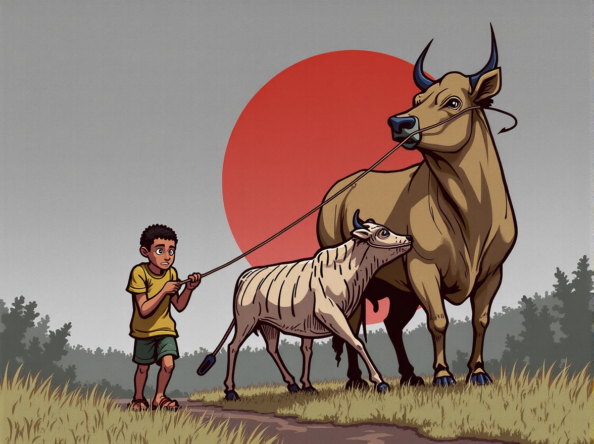 Boy leading a skinny bull tied up along a ditch