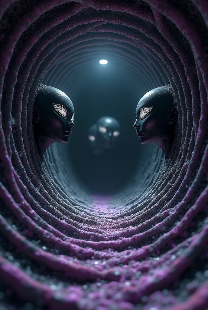 Photorealistic DMT psychedelic hallucination experience in dark tunnel made of thin fractal ring shaped modular layers, going in modular cone shape to a black mist in the center of void made of dark mist, ttthehe center of the void are a gateway to darkness involved in dark mist, the ring shaped layers have a ondulated edges, all the layers have purple tones in the edge of the layers, and in the interior of layers dark gray tones, the layers have a little scales texture, out from the tunnel 3 big shadows of alien heads with black skin, the aliens stay around the tunnel, the 3 entities seems are made of shadow substance, the 3 alien entities have big almond shaped eyes, their eyes have a white outline with strange design made of medium size white lines, their eyes are black inside, only the top half of the alien heads is visible, the entities are looking to the mist in the center of the void, the shadows are visible from the top of they heads, the dark mist in the center of the void are absorbing all the atmosphere that is envolved in light dreamy mist