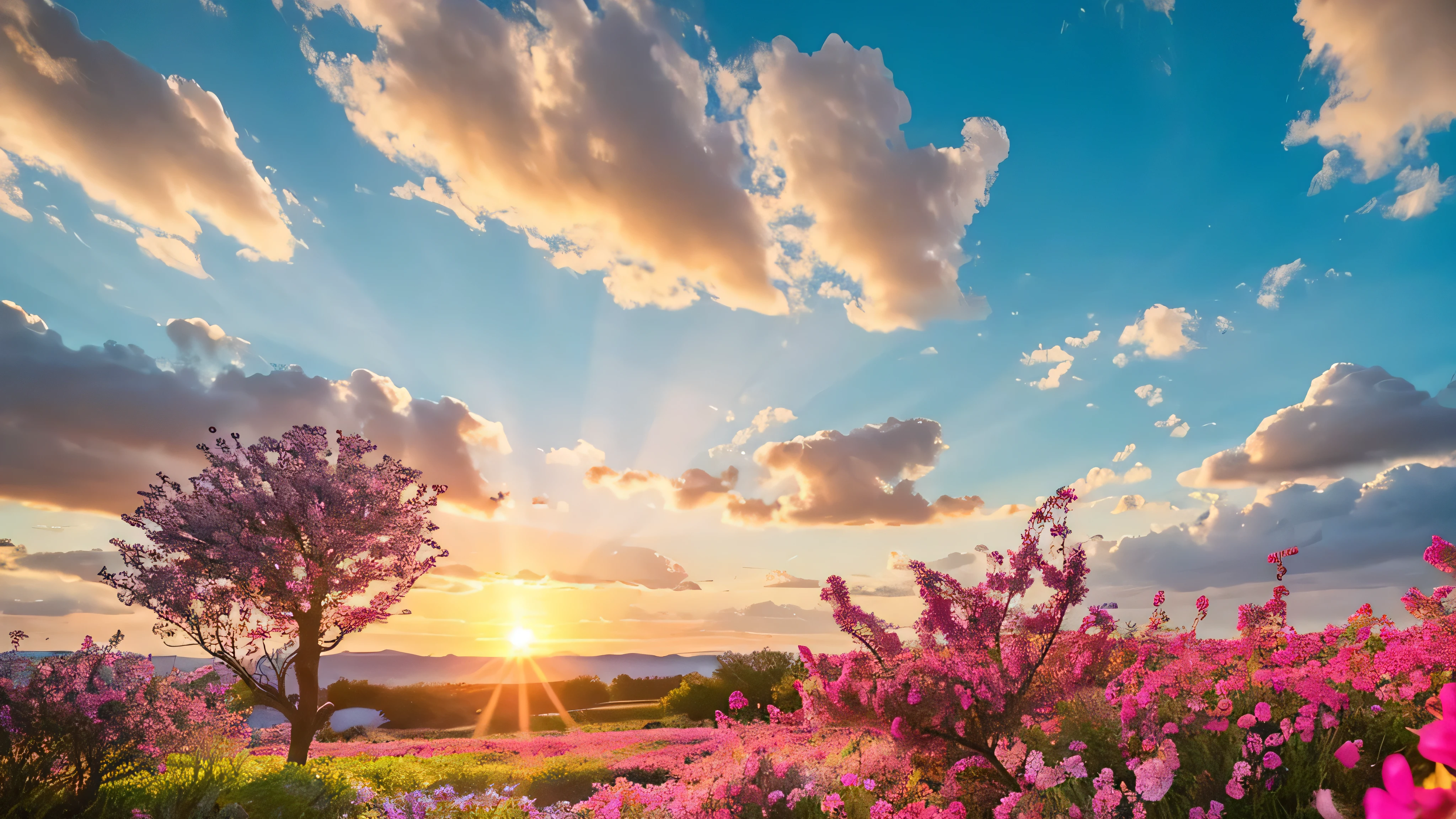 Under the expanse of blue sky, Vibrant flowers reach out towards the sun, Pink and white petals open. When the golden sun begins to rise、Fluffy clouds float leisurely in the background, Casting a warm glow on the tranquil landscape. This great photo is、It captures the essence of a serene morning., Where nature awakens in a symphony of color and light. Crisp and vivid details, Inviting viewers to immerse themselves in the beauty of the beginning of a new day.