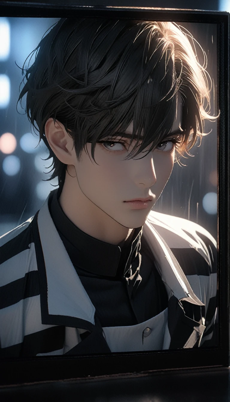 (8k, 2d photo, best quality, masterpiece: 1.4), (((Boy examining himself)))，Ultra-high resolution, Extremely detailed, Dim Lights, Upper body close-up, handsome boy, black eyes, (delicate eyes, Eyes are bright:1.2), Gray short hair, Fair skin,dark, Black and white striped prison uniform,Black and white striped prison pants,(perfect anatomy:1.2), High-quality shadows, Natural Lighting, (White highlights:1.2), night, cloudy day, (Dimly lit cells:1.2), (Metal walls all around:1.2)
