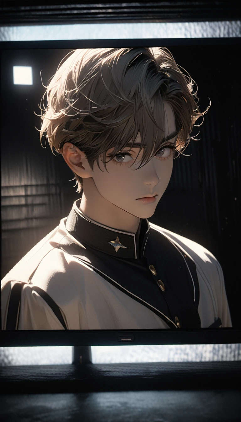 (8k, 2d photo, best quality, masterpiece: 1.4), (((Boy examining himself))),Ultra-high resolution, Extremely detailed, Dim Lights, Upper body close-up, handsome boy, black eyes, (delicate eyes, Eyes are bright:1.2), Gray short hair, Fair skin,dark, Black and white striped prison uniform,Black and white striped prison pants,(perfect anatomy:1.2), High-quality shadows, Natural Lighting, (White highlights:1.2), night, cloudy day, (Dimly lit cells:1.2), (Metal walls all around:1.2)