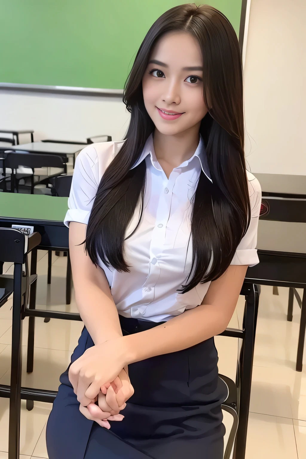 A beautiful Indonesian woman with natural beauty and big breasts is standing in a classroom. She has a wet body, as if she has been soaked in water. The scene is vibrant with vivid colors and bokeh effects. The woman has long dark hair and radiant skin. Her beautiful detailed eyes and lips enhance her overall attractiveness. She is wearing a student uniform, suggesting that she is a student. The lighting emphasizes her features and creates a captivating atmosphere. The artist focuses on capturing the woman's sensuality and the unique charm of the classroom environment. The artwork aims to depict the beauty of the Indonesian woman while exploring the aesthetics of wetness and moisture. Pubic hairs are depicted as part of the woman's natural beauty, adding to the overall realism and attention to detail. The artwork strives for the best quality, with high resolution (4k, 8k) and ultra-detailed rendering. It captures the woman's beauty in a realistic and photorealistic way. The color palette and lighting enhance the overall visual impact, creating a mesmerizing and engaging artwork.