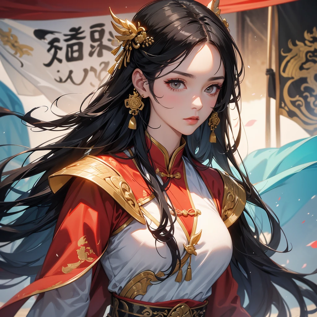 A beautiful woman with long black hair, wearing a hairpin, wearing an ancient Chinese general's outfit, holding a long sword, on the battlefield, close up.