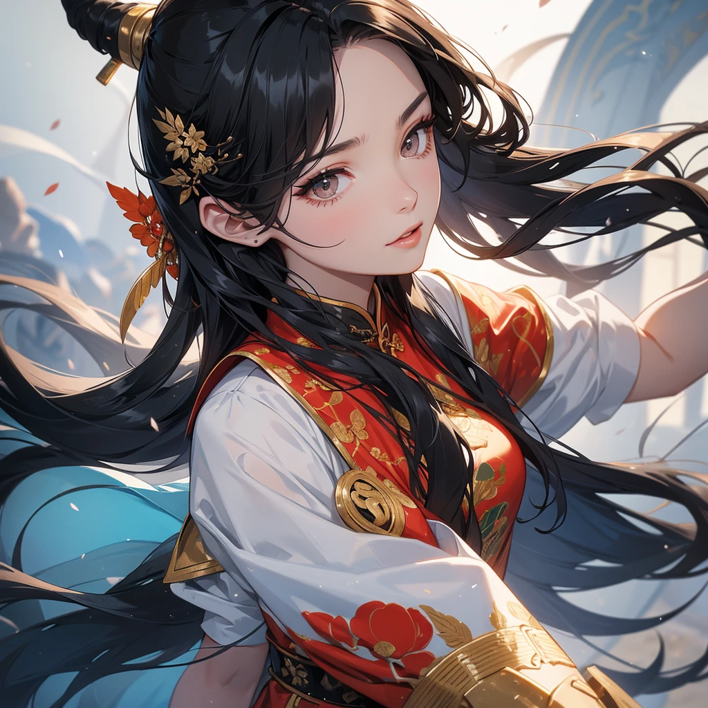 A beautiful woman with long black hair, wearing a hairpin, wearing an ancient Chinese general's outfit, holding a long sword, on the battlefield, close up.