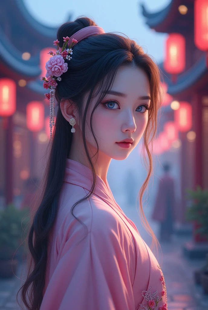 (Highest quality、 8k 、masterpiece、High resolution)、(Chinese Drama、Changgexing、Li Changge、Dililaba)、Tang Dynasty、Changan、1 Female、Beautiful young person、blue eyes、Pretty lips、(Anime Beauty)、(Anime Art)、A single tear、Light colored long hair、Light pink Hanfu、Twilight Forest、古いChanganの街並み、Official Art、Detailed CG、