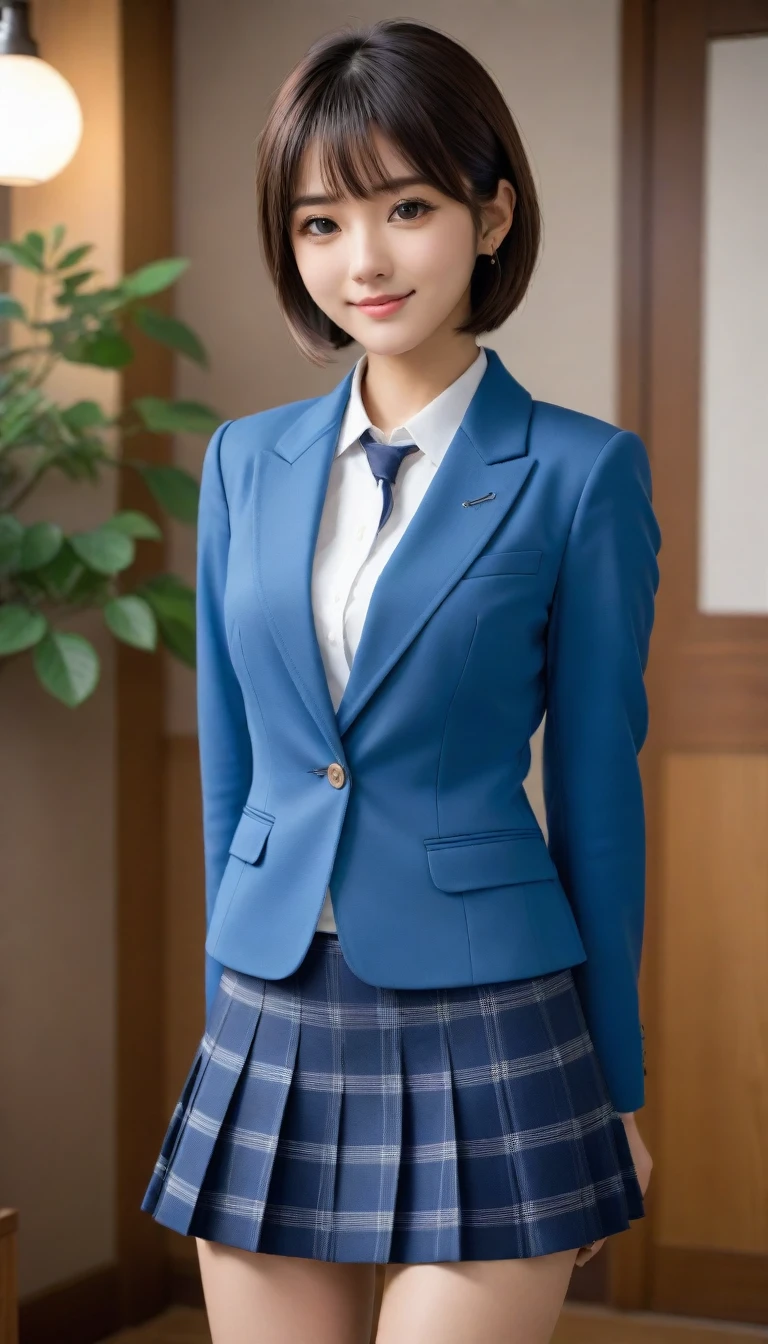 8k, Ultra-high resolution, Highest quality, masterpiece, 三分割法によるphotograph,Surreal, photograph, 1 Girl, (16 years old:1.3), pretty girl, Cute Face, Beautiful eyes in every detail, 細かくdetailedに,masterpiece,One Girl:1.2,Japanese female announcer,cowboy shot,smile,Black hair,Bowl cut, Natural skin texture,((very small head:1.3)),Gorgeous eyes,smile,((Toned body,Slender body,skinny)),(school uniform、Dark blue blazer jacket、Navy blue tie、Grey plaid pleated mini skirt,loafers),Glowing Skin,Glowing Skin,Full of sexiness,smile,Heal the heart、Laugh a little、Please close your mouth and laugh、(((Ideal body type))),A-cup small breasts :2,、Portraiture:2、Perfect Anatomy、Vividly detailed、detailed、surrea と 1 boyl、Light and shadow,spotlight