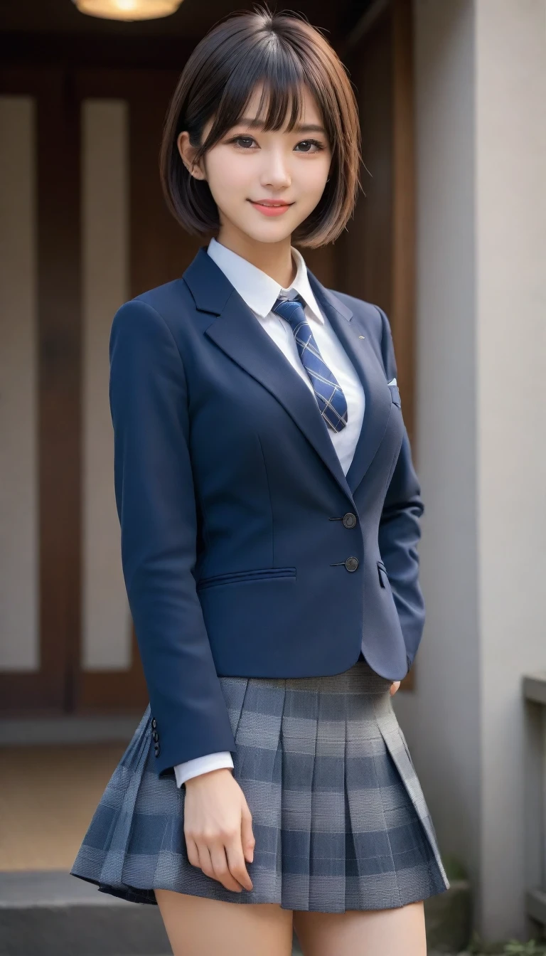 8k, Ultra-high resolution, Highest quality, masterpiece, 三分割法によるphotograph,Surreal, photograph, 1 Girl, (16 years old:1.3), pretty girl, Cute Face, Beautiful eyes in every detail, 細かくdetailedに,masterpiece,One Girl:1.2,Japanese female announcer,cowboy shot,smile,Black hair,Bowl cut, Natural skin texture,((very small head:1.3)),Gorgeous eyes,smile,((Toned body,Slender body,skinny)),(school uniform、Dark blue blazer jacket、Navy blue tie、Grey plaid pleated mini skirt,loafers),Glowing Skin,Glowing Skin,Full of sexiness,smile,Heal the heart、Laugh a little、Please close your mouth and laugh、(((Ideal body type))),A-cup small breasts :2,、Portraiture:2、Perfect Anatomy、Vividly detailed、detailed、surrea と 1 boyl、Light and shadow,spotlight