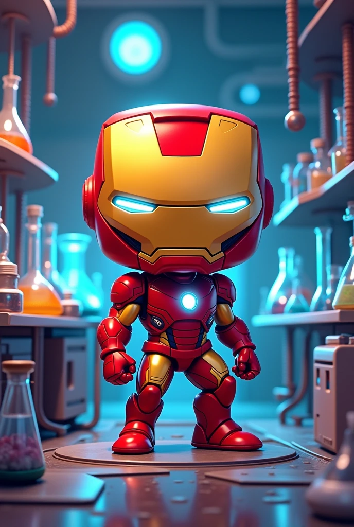 Create an image of an ironman tcg card with a laboratory in the background funko pop in cartoon style