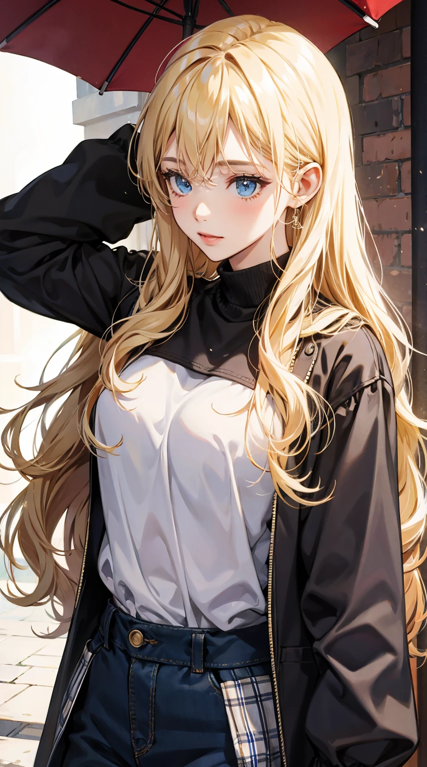 1girl, 30 years old, shy, fully covered body, blonde hair, long hair, blonde, Gyaru style
