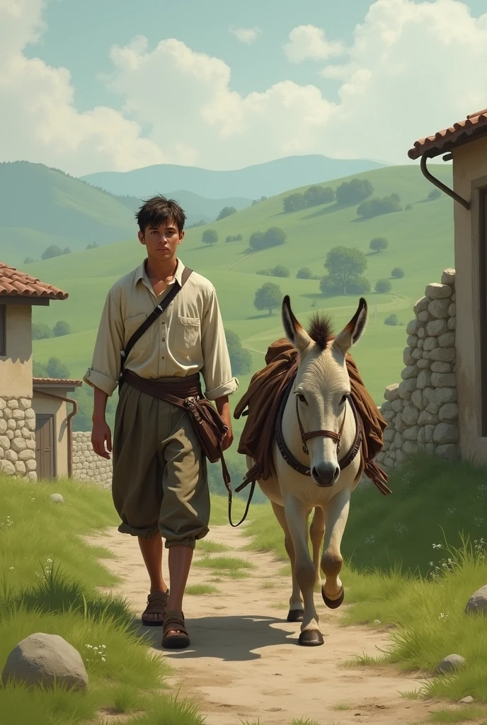 A 18 year boy walking along a donkey in olden times