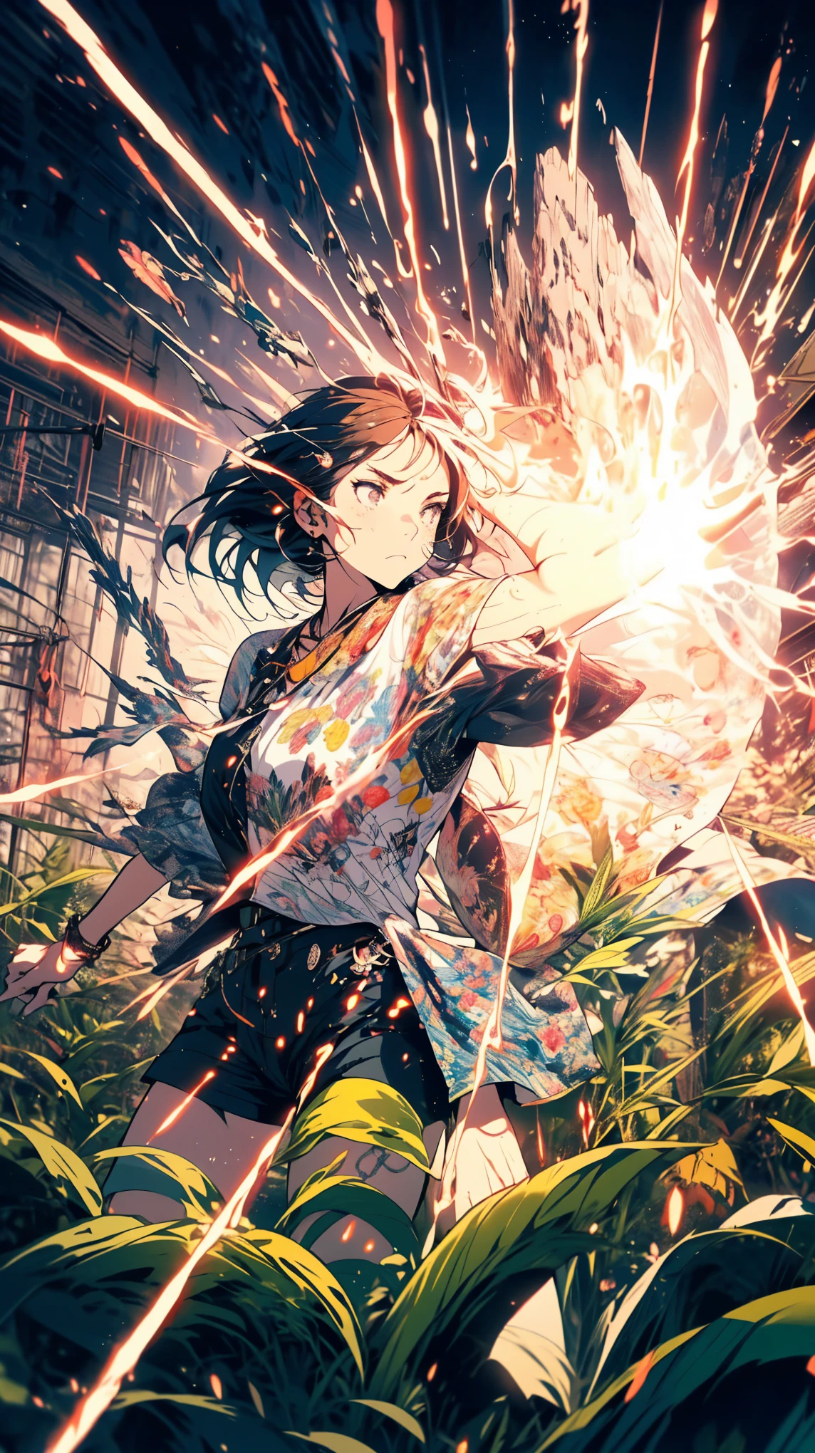 (high quality), (masterpiece), (detailed), 8K, (age girl1.3) raises (shimmering shield1.4) amidst (toxic spores1.3) in a (ruined agricultural field1.2). Shield (absorbs energy bursts1.3) from (mutated crops1.2), her (determined expression1.4) reflecting strength and resolve to (save community1.3). (Ethereal glow1.2) surrounds her, creating a (protective barrier1.3). (high quality), (masterpiece), (detailed), 8K, Anime style character with (cool and edgy tattoos1.3), dressed in (fashionable clothing1.2), posing confidently. Expression fierce, stylish accessory coiled around arm. Thicker outlines emphasize striking, modern fashion, vibrant palette enhances scene.