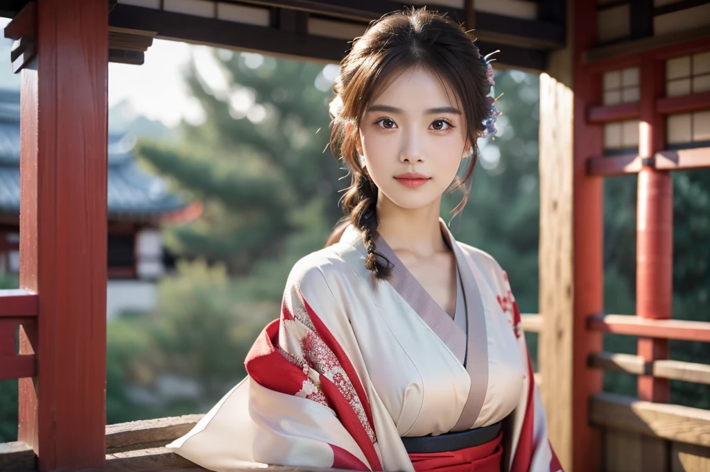 masterpiece, The best quality, Ultra-high resolution, High detail photo, Unity 8K Wallpaper, Extremely detailed CG:1.2), depth of field, bokeh, (RAW photo:1.realistic photography:1.4), (1girl:1.5), young, physically based representation, beautiful, (Finely detailed face:1.4, detailed clothing), (detailed:1.4) named (Eimi Fukada:1.1) BREAK Cara hermosa, depth of field, Add layer, hyperrealistic, 27 years old, perfect body model, perfect breasts, 175cm tall, pose sexy, full body, Whole body, Model Body Type, BREAK (extreme skin details:1.1), skin details, (kimono:1.3), double eyelid BREAK smile, seductive pose, standing, standing outside, medieval japanese house, outdoor, medieval style, (medieval japan:1.3), (close up:0.3), french braids, Nikon Z7 II camera, Fuji Velvia 50 film, 50mm lens, high saturation