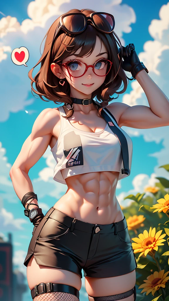 masterpiece, best quality, ultra detailed, 1 girl, ((((best quality)))), smiling, planting flowers, detailed colorful flowers, watering flowers, beautiful detailed sky, (((beautiful detailed cumulonimbus clouds))), ((((sunlight)))), looking at flowers, (spoken heart), heart, sweat, beautiful detailed water, teeth, ((narrow eyes)), ,(villain_racer:1.3), eyelashes, belly button, (glasses on head:1.3), fishnet stockings, fishnet pantyhose, gloves, (((defined abs muscle))), (((crop top))), choker, hair ornament, thigh strap, arm strap, stockings, (((unbuttoned shorts))), collarbone, (((hyper quality 32k))),