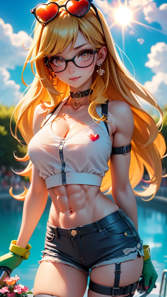 masterpiece, best quality, ultra detailed, 1 girl, ((((best quality)))), smiling, planting flowers, detailed colorful flowers, watering flowers, beautiful detailed sky, (((beautiful detailed cumulonimbus clouds))), ((((sunlight)))), looking at flowers, (spoken heart), heart, sweat, beautiful detailed water, teeth, ((narrow eyes)), ,(villain_racer:1.3), eyelashes, belly button, (glasses on head:1.3), fishnet stockings, fishnet pantyhose, gloves, (((defined abs muscle))), (((crop top))), choker, hair ornament, thigh strap, arm strap, stockings, (((unbuttoned shorts))), collarbone, (((hyper quality 32k))),
