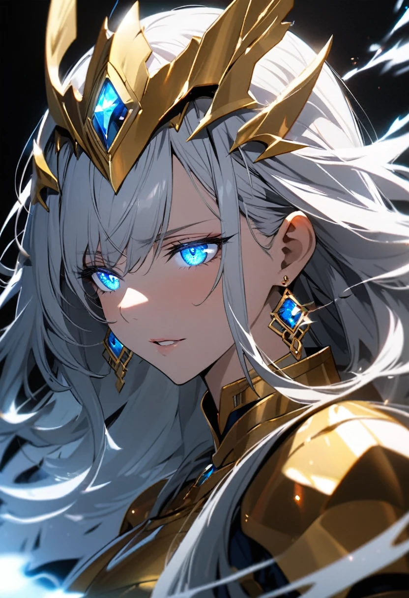 girl, blue eyes, long hair, white hair, mature, diamond earings, beautiful, holo, light aura, glowing eyes, golden armor, macro picture, half eyes